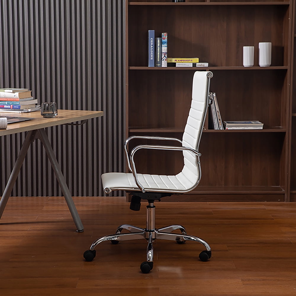 Kepooman Modern Ribbed Adjustable Swivel Rolling Computer Chair with Armrest for Home Office, White Kepooman Modern Ribbed Adjustable Swivel Rolling Computer Chair with Armrest for Home Office, White