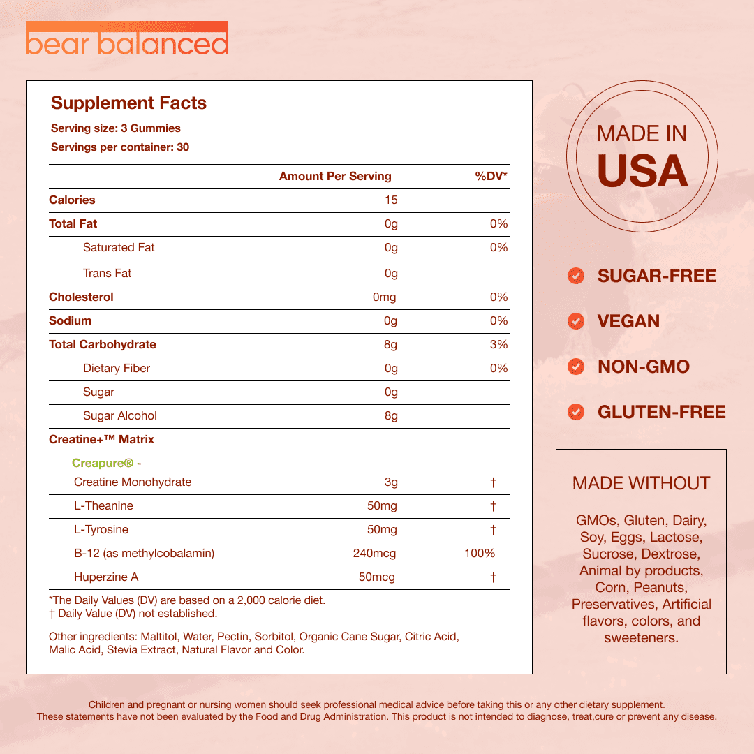Bear Balanced Creatine Gummies, Muscle Growth Support for Men and Women, Peach Mango, 90 Count