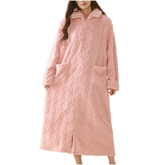 Miqool Zipper Bathrobe for Womens Flannel Fleece Robes with Pocket Winter Warm Housecoat Nightgown Sleepwear Pajamas