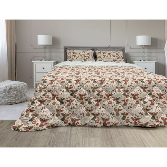 Angel Comforter & Sham Bedding Set, Medieval Marry Love Angel Playing Music Valentine Cupid Date Dove Marriage, 3 pcs Duvet Set Microfiber Filling Quilt, 5 Sizes, Eggshell Ruby Caramel, by Ambesonne