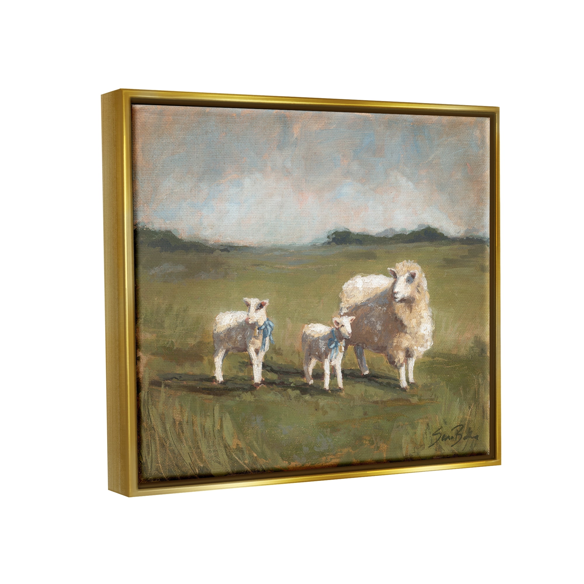 Stupell Sheep & Lamb Family Rural Grazing Animals & Insects Painting Gold Floater Framed Art Print Wall Art