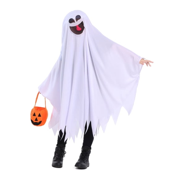 Seasons Ghost Costume for Kids, White Cloak with Pumpkin Bag, Novelty Outfit for Halloween or Parties