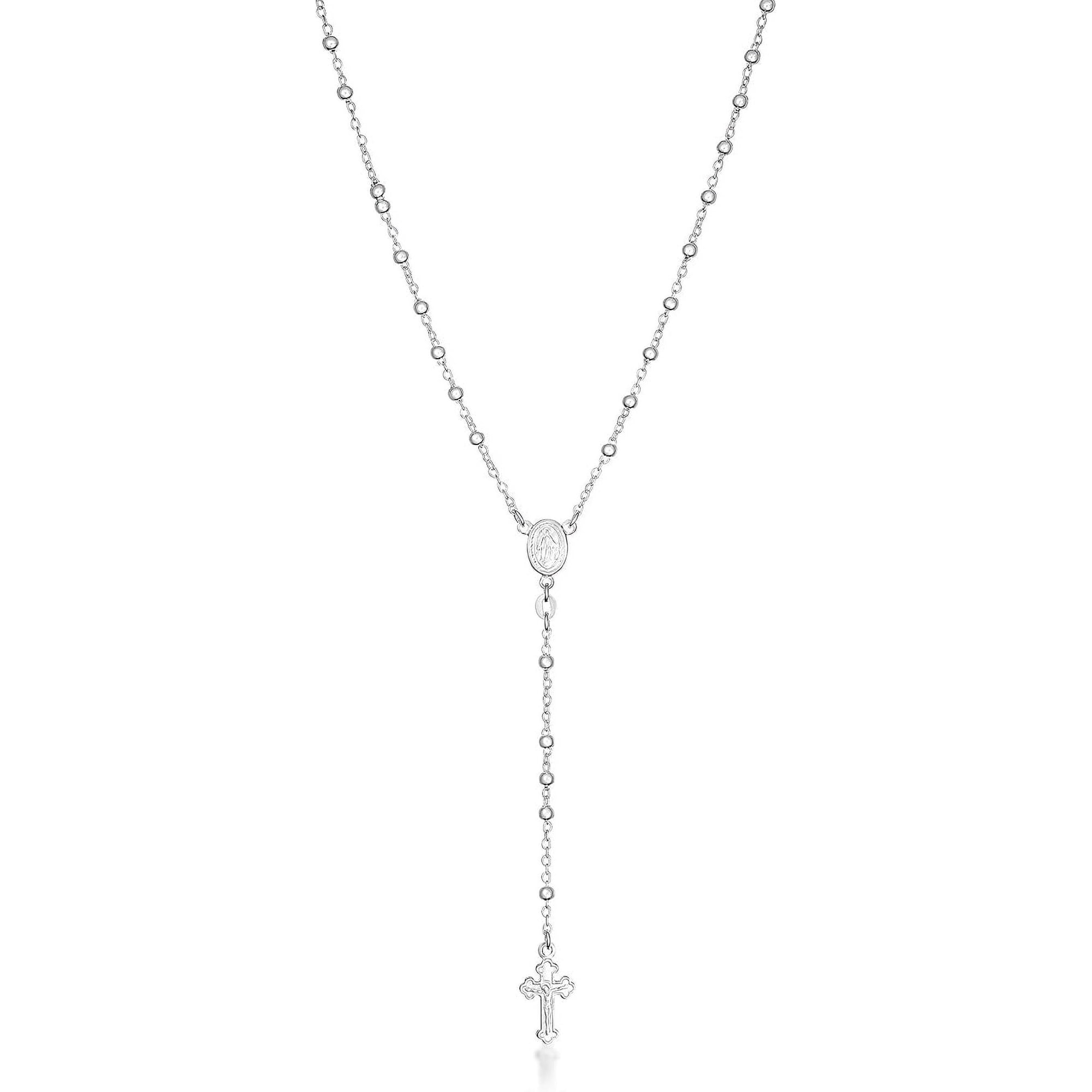 PORI JEWELERS 925 Sterling Silver 3MM Rosary Necklace - Available in Silver or Yellow Color - Sizes 16"-30"
