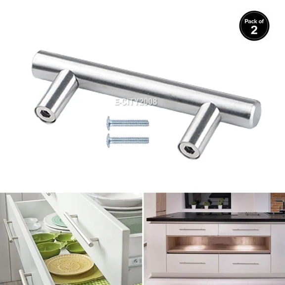 2 Kit 64Mm 4" Stainless Steel T Cabinet Handle Bathroom Kitchen Handle Knob Pull