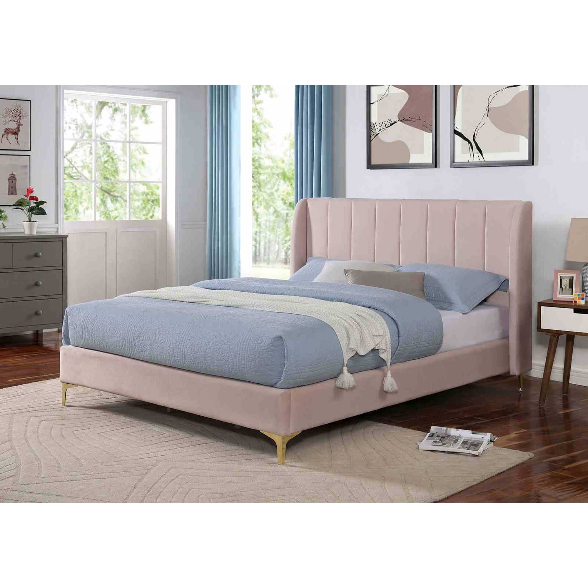 Full Size Bed Frame with Wingback Headboard, Light Pink Velvet Upholstered Bed with Channel Tufting and Gold Metal Legs for Bedroom, 81 7/8"L x 63"W x 46"H, Contemporary Glam Style