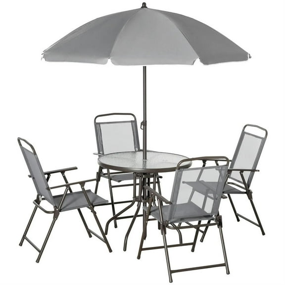 Demi Bonn 6-Piece Outdoor Dining Set with Umbrella, 4 Folding Chairs & Round Glass Table for Garden & Patio, Gray