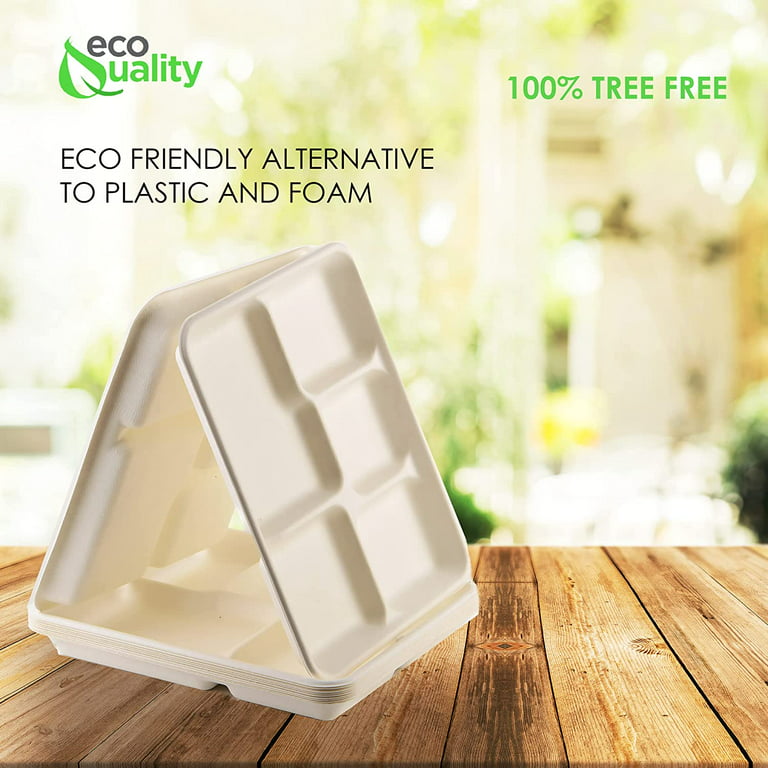 200 Pack] 5-Compartment Sugarcane Fiber Disposable Tray - 100% Compostable  American Tray, Serving Tray, Cafeteria Tray, Biodegradable, Eco Friendly,  Tree Free by EcoQuality (10 x 8.3 x 0.9 inch) 