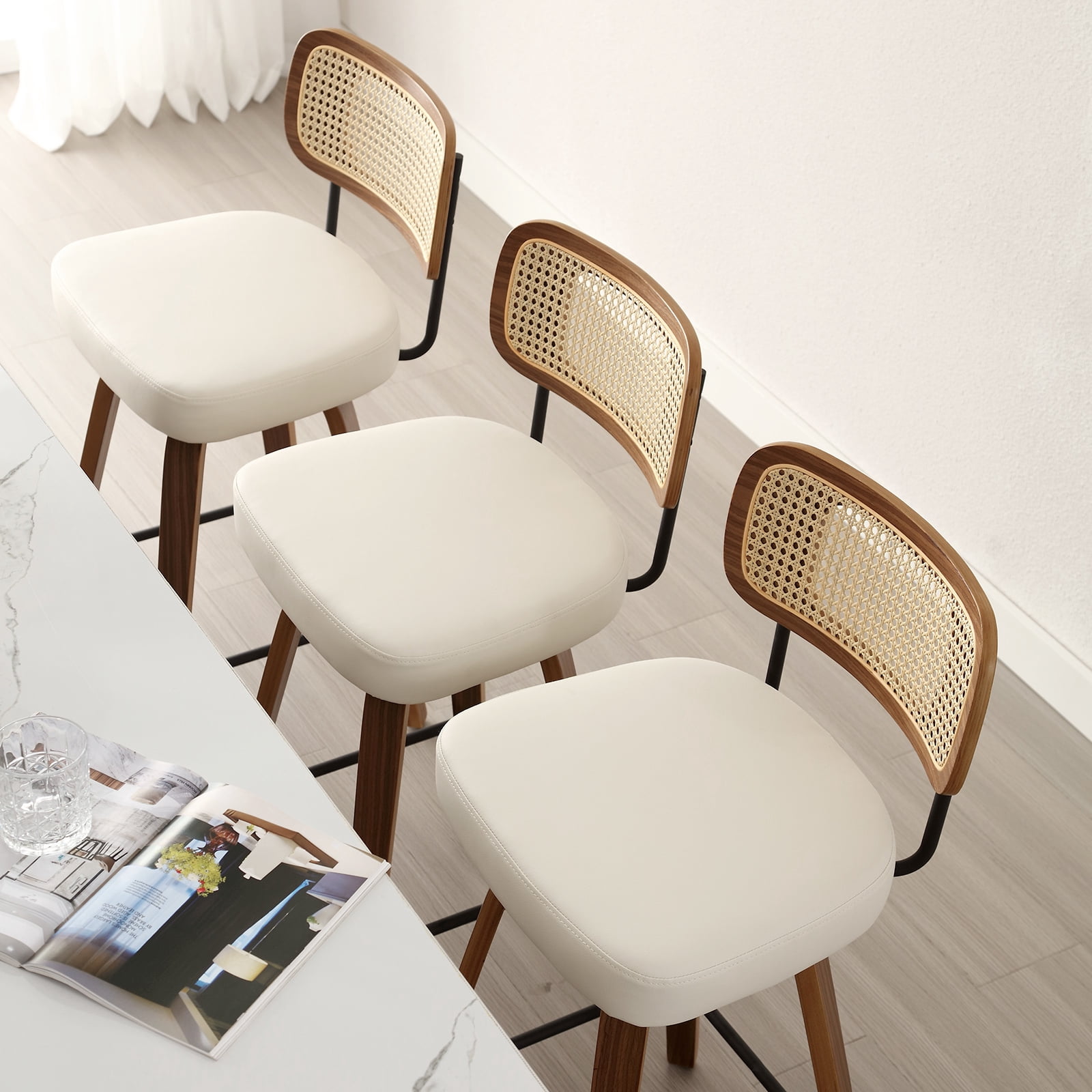 ANMINY Swivel Counter Height Bar Stools, Set of 2, Upholstered Faux Leather Barstools with Rattan Back, 29" Seat Height Bar Chairs for Kitchen Island, Bentwood Wood Frame