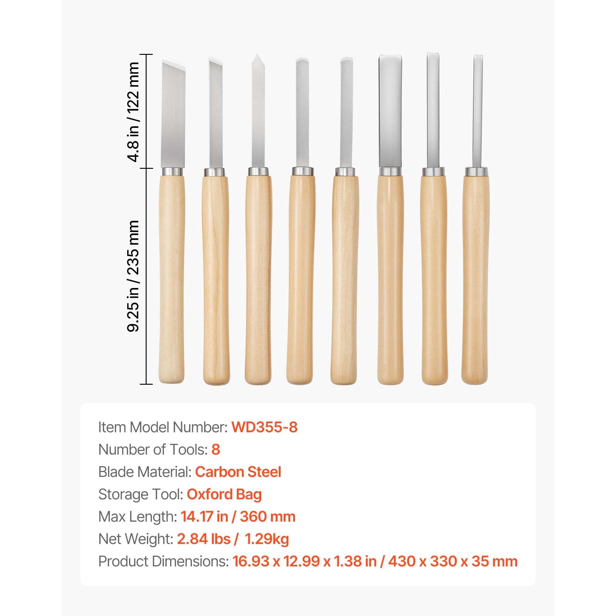 Wood Lathe Chisel Set 8-Piece Carbon Steel Blades 2 Skew Spear Parting Round Nose Gouge Tools with Oxford Bag for Woodworking Beginners