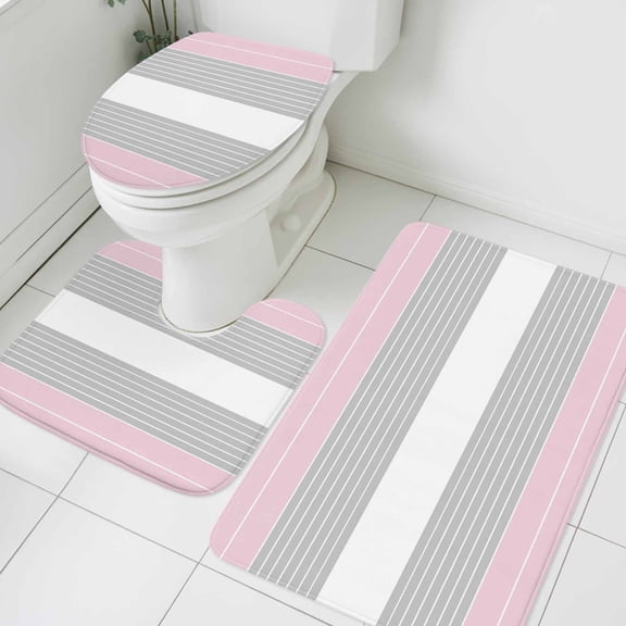 Grey Pink Stripe Bathroom Rugs Set Gradient Line Non Slip Absorbent Soft Bath Mats 3 Piece Set with Bathroom Rug, U-Shaped Floor Mat, Toilet Seat Cover Small Size