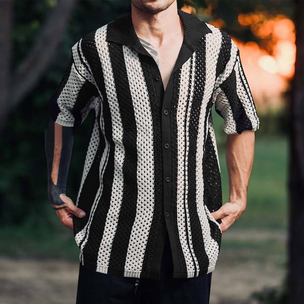 Playeras Elvqul de Hombre Negro Casual Manga Corta a Rayas Solapa