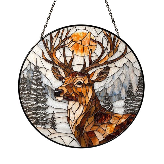 Winter Deer Stained Glass Window Panel, Majestic Woodland Snow Scene for Rustic Nature Inspired Home Decor