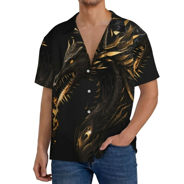 Fotbe Black And Gold Fire Dragon Camisa Estampada de Manga Corta para Hombre, Casual de Verano, Estilo Playero, Sin Arrugas-Small