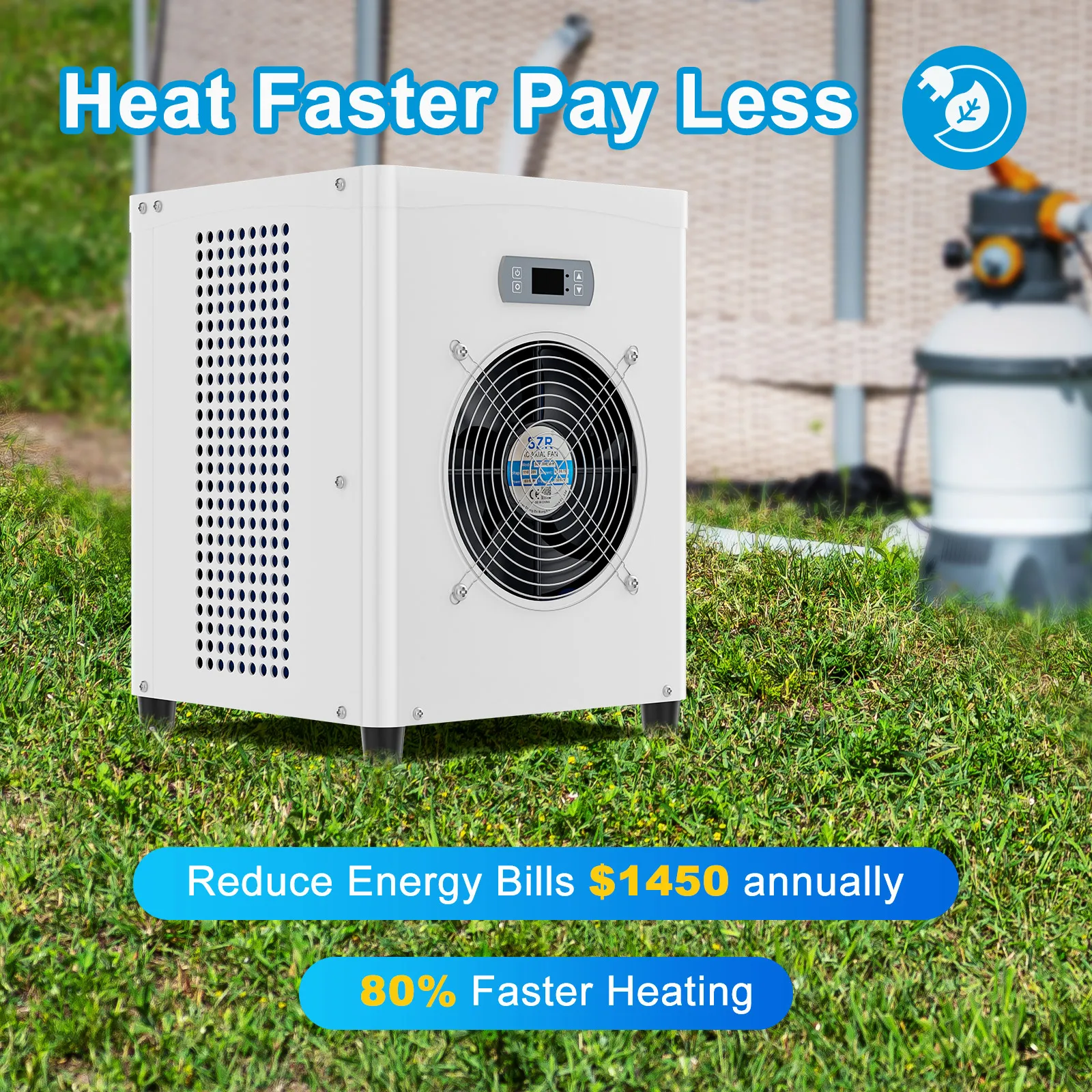 Slsy Swimming Pool Heat Pump for Above Ground Pools, 16186 BTU Energy Efficient Pool Heater with Compact Design & Power Cord Included, White