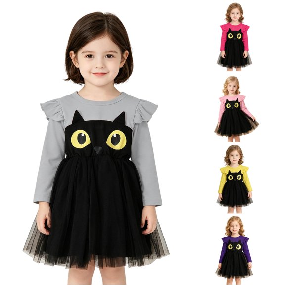 Vividxx Toddler Girl Halloween Dress Long Sleeve Cartoon Print Mesh Tutu Dress Party Outfit for Kids 2-3 Years