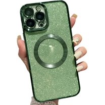 Magnetic Case for iPhone 13 Pro Glitter Case, Luxury Plating Cute Bling with Camera Lens Protector, Compatible with MagSafe, Slim Thin for Women Girls Protective Clear Phone Case, Green
