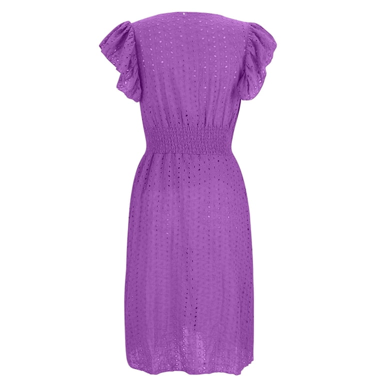AKOEE Summer Dresses for Women Party Outfit V Neck Ruffle Fly Sleeve Casual Eyelet Button Up Smocked Knee Length Dress (M, Purple), Women's, Size: