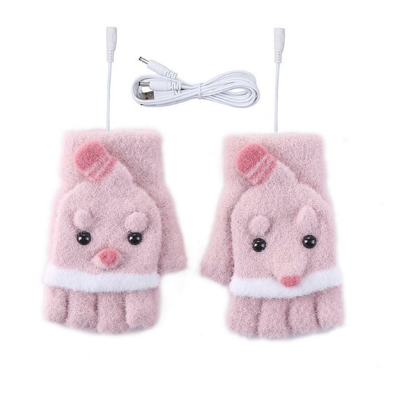 Xfvqtps Womens USB Heated Fingerless Gloves with Flip Cover Plush Knitting Cute Cartoon Animals Constant Temperature Windproof Warm for Cold Weather Winter Mittens Pink