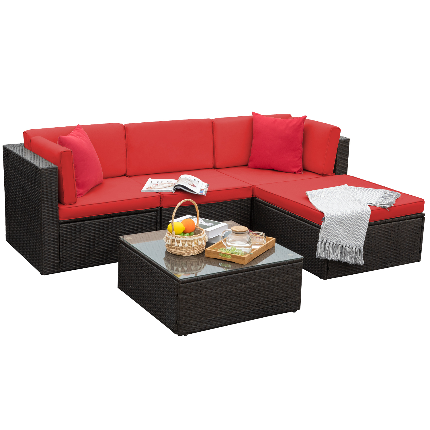 Walnew 5 Pieces Outdoor Patio Sectional Sofa Sets All-Weather PE Rattan Conversation Sets With Glass Table, Red