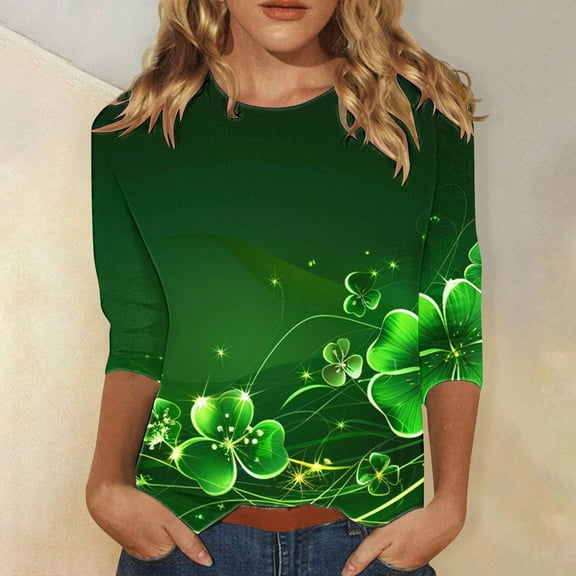 St Patricks Day Top Women, 3/4 Sleeve T Shirts for Women, Round Neck Blouses Tee Shirts Ladies' Casual Loose St. Patrick's Day Printed Blouse Crewneck Three Quarter Sleeves T-Shirt Top