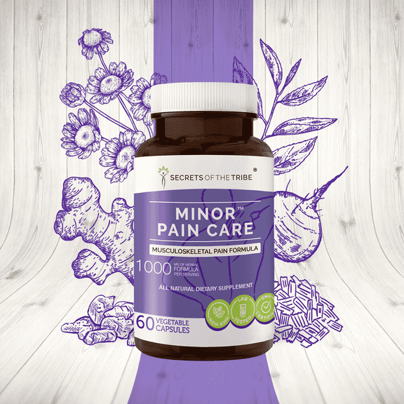 Secrets of the Tribe Minor Pain Care Capsules Dietary Supplement, Natural Herb Blend, Made from Frankincense, Turmeric, White Willow, Beet Root, Green Tea, Feverfew 60 Count