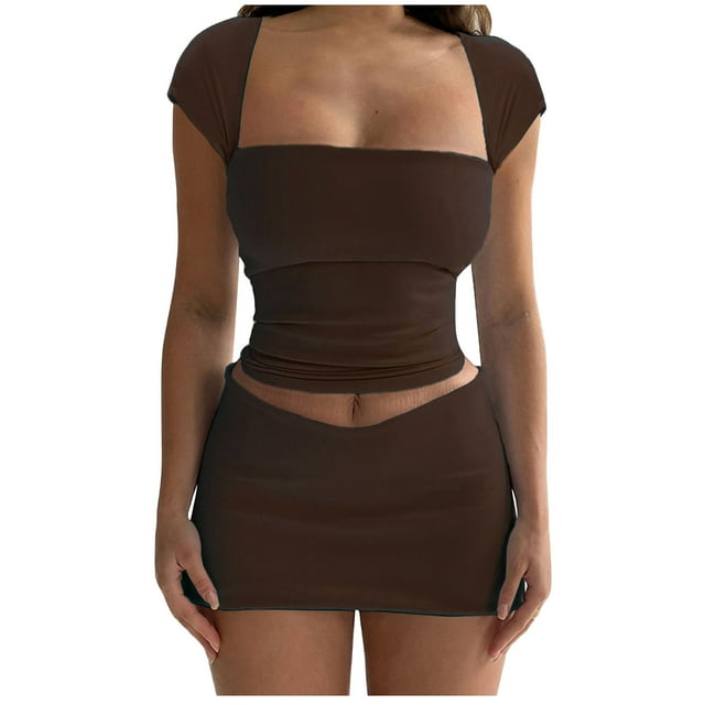 Ensemble 2 Pcs pour Femmes Été Manches Courtes Col Carré Ajusté Mini Club Fête Jupe Vêtements Tendance pour Femmes
