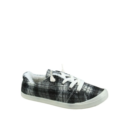

Comfort-11 Women s Causal Comfort Slip On Round Toe Flat Sneaker Shoes With Faux Fur ( Black Plaid 6.5)