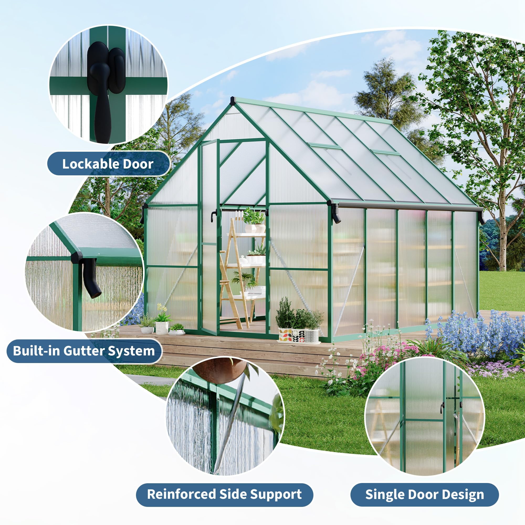 CazToi 8x10 FT Outdoor Walk-in Greenhouse for Backyard & Garden with Roof Vent Aluminum Frame & Polycarbonate Panels