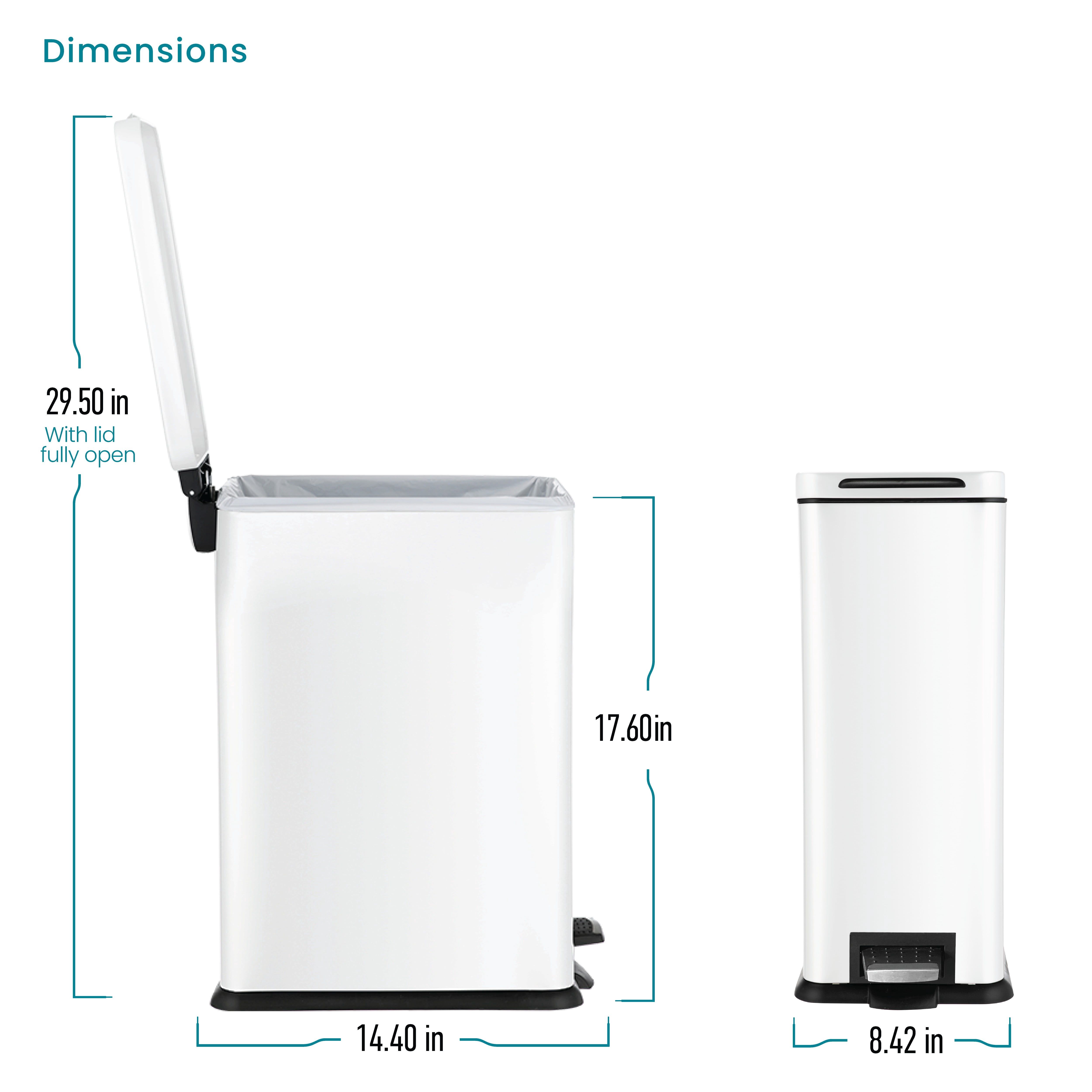 Home Zone Living 4 Gallon Slim Kitchen Trash Can with Step Pedal, Soft-Close Lid and Removable Inner Bucket, Stainless Steel, Matte White