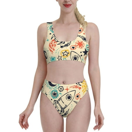 Bixox Rockets Pattern Two-Piece Sports Bikini with U-Shaped Top and High-Waist Bottom - Women s Swimwear with Removable Bra Pads