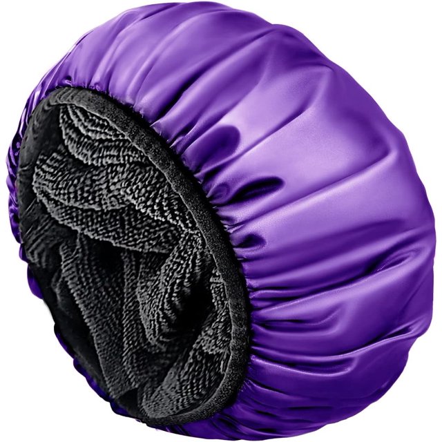 LAICAIW Shower Cap,Extra Large Triple Layer Bathing Cap with Dry Hair Function for Women Microfiber Terry Cloth Silky Satin 100% Waterproof Reusable Long Hair Bath Caps (Purple)