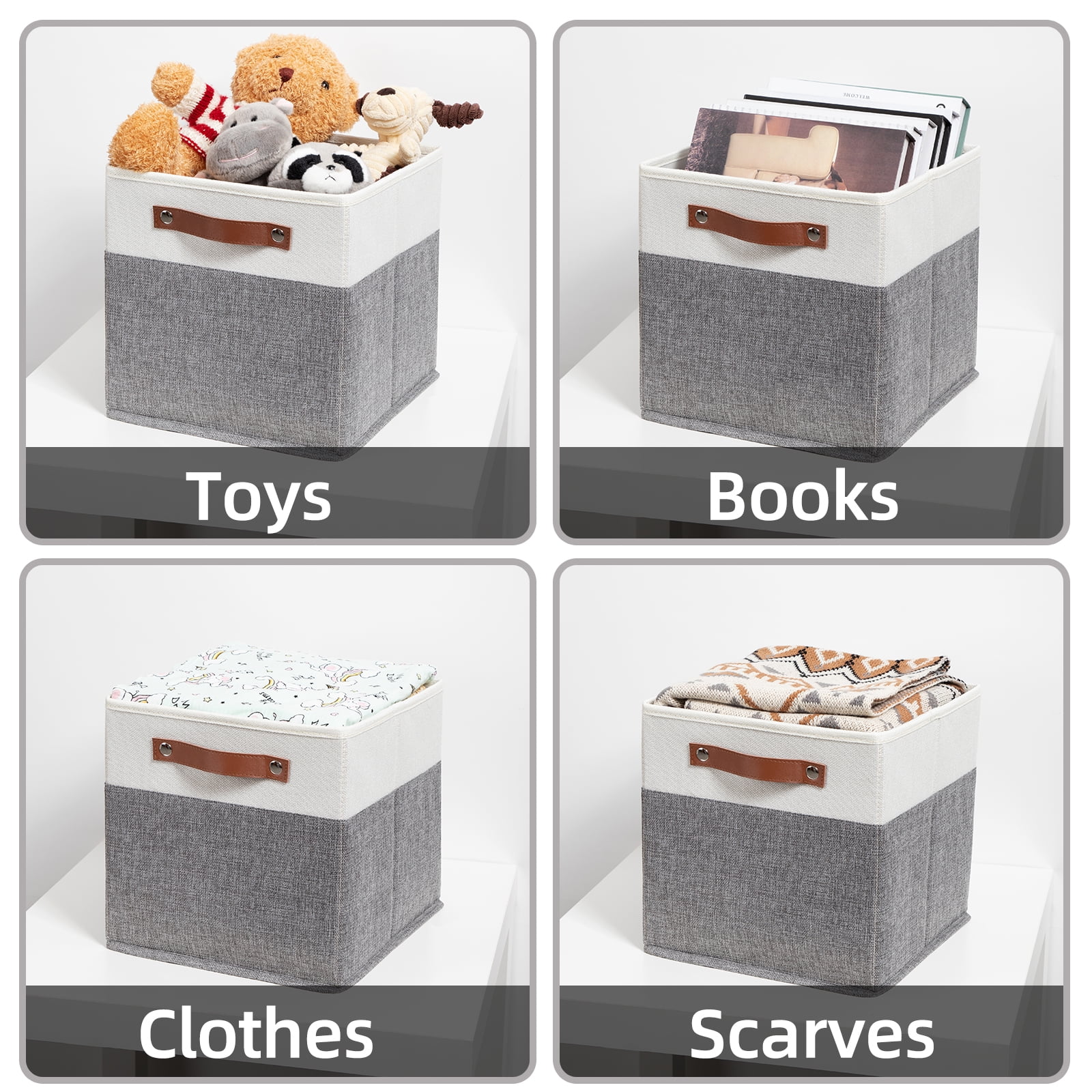 ANLEM 11x11 Fabric Cube Storage Bins, Set of 4, Foldable Storage Cube Bin Baskets for Shelves with Handles, Bins for Cube Organizer Home Toy Nursery Closet(White Gray)