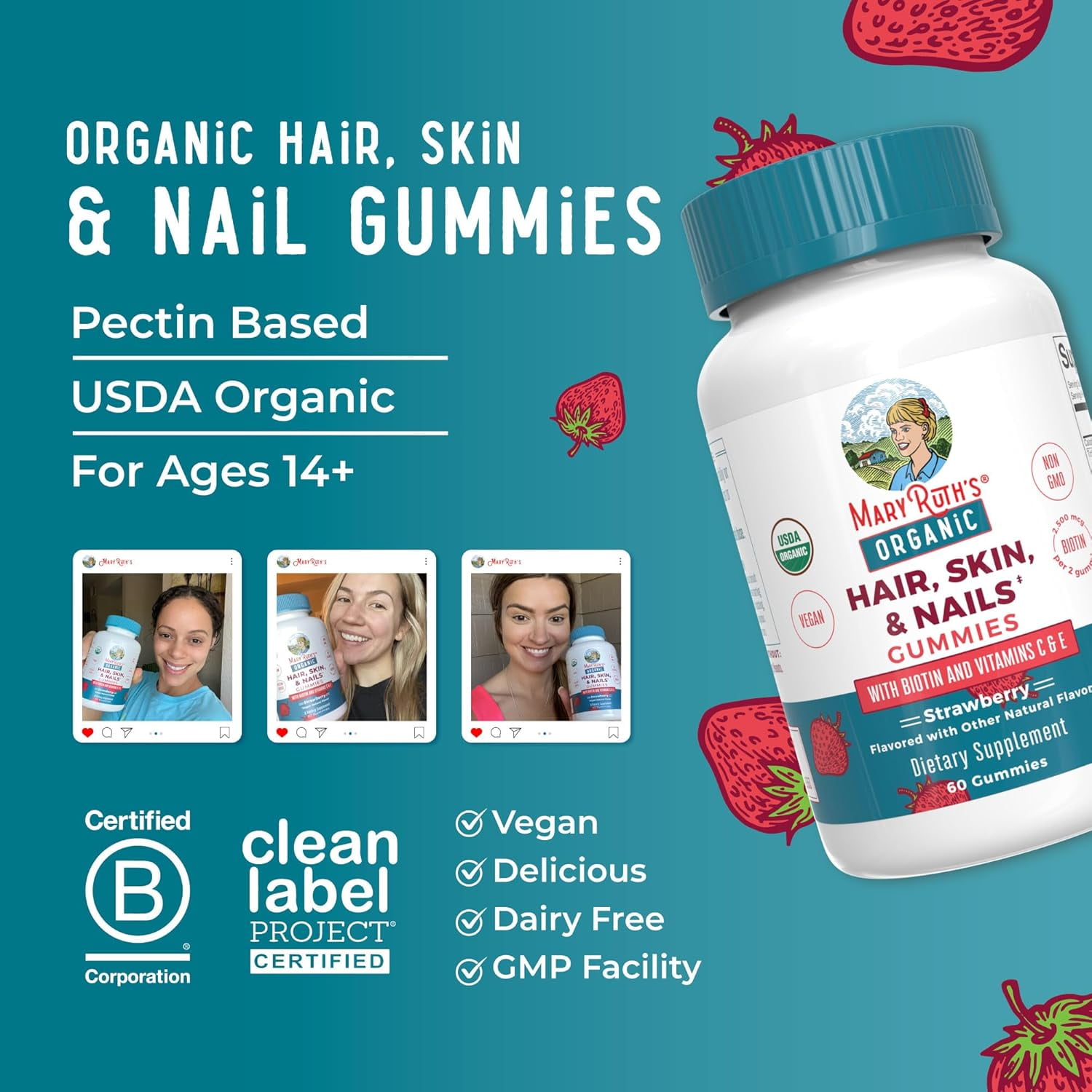 MaryRuth's Hair, Skin and Nails Biotin Gummies, Adult Vegan, 60 Count
