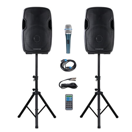 Sound Town Portable 15’’ 2500 Watt 2-Way Powered PA DJ Speaker System Combo Set with Bluetooth/Onboard Equalizer/USB/SD Card Reader/LED Light/1 Mic/2 Speaker Stands, for Party, Karaoke