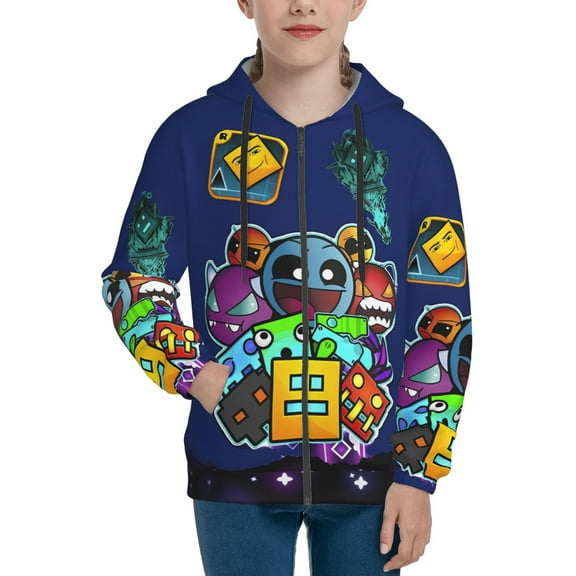 Geometry Dash Kids Zip Up Hoodies for Boys Girls 6-16 Hooded Sweatshirt with Pocket Long Sleeve Jacket Large