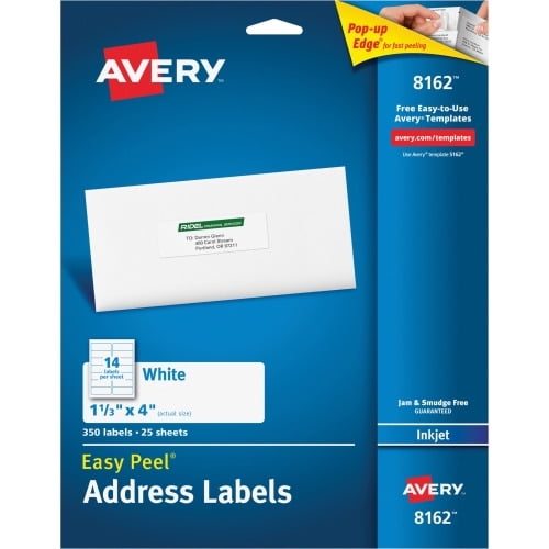 Avery Easy Peel(R) Address Labels, 1-1/3 1.33' Height x 4' Width - Rectangle - Inkjet - White - Paper - 14 / Sheet - 350 Total Label(s) - 5
