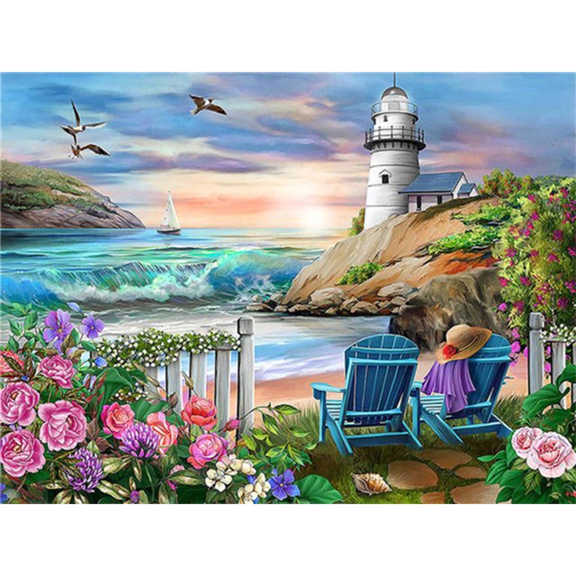 5D DIY Paisaje Costero Taladro Rhinestone Mosaico Arte Imagen