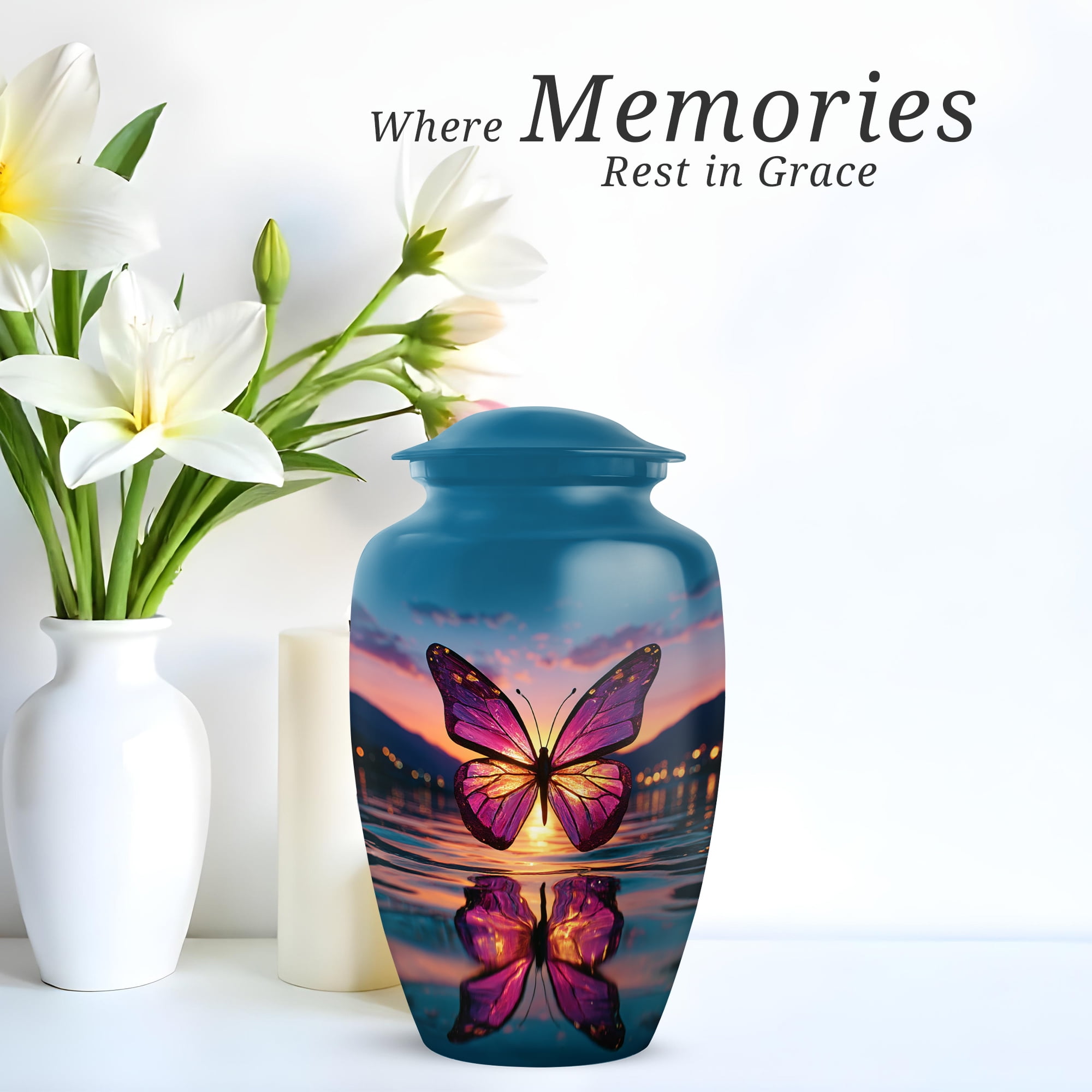 Butterfly Purple Urns For Human Ashes Mother - Large Blue Urns For Human Ashes Adult Male - Memorial Cremation Urns For Man And Woman - Funeral Urn For Grandfather, 10 Inch