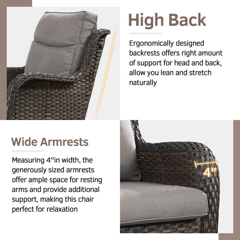 PARKWELL 3-Piece Patio Wicker Chairs Swivel Rocker Set,Outdoor High Back Swivel Glider Rocking Lounge Chairs with Side Table for Patio Deck Garden,Brown/Gray