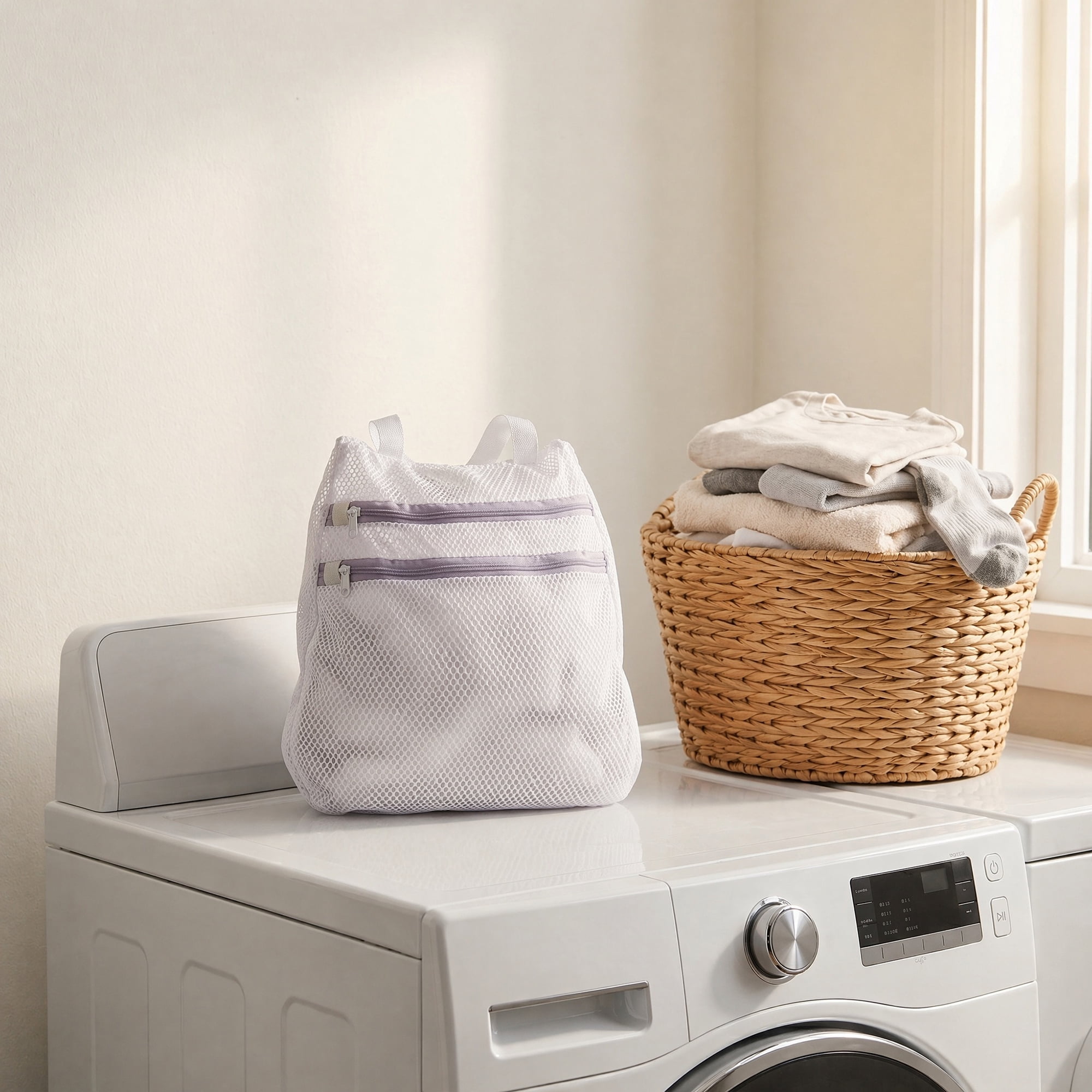 Unique Bargains 2 Pcs Mesh Laundry Bags, Durable Zipper Closure White-Purple 11.8"x11.8"
