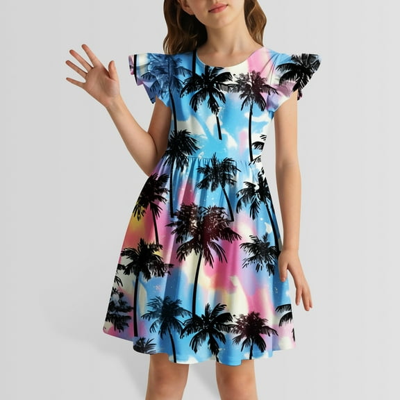 GBSYEWXS Dress For Girls Comfortable Hawaii Print Flutter Sleeve Crew Neck Blue Dresses Size 3-4 Years