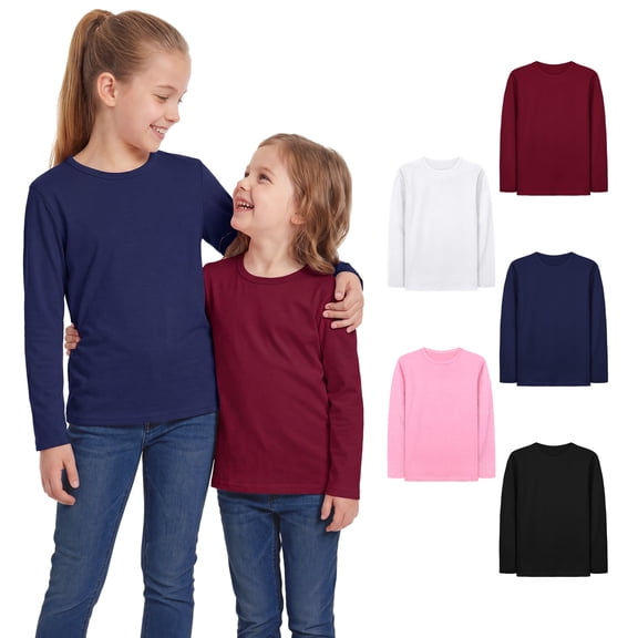 Cooraby 5 Pack Girls' Cotton Long Sleeve T-Shirts, Soft Crew Neck Tees for Toddler & Little Girls, Everyday Basic Tops
