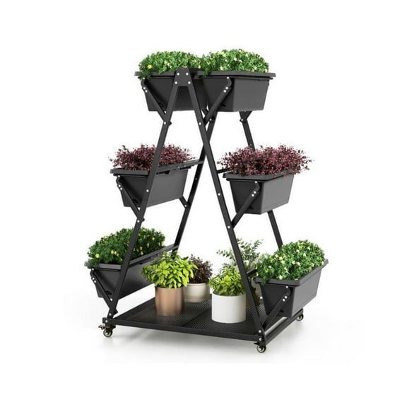 Vertical Garden Bed 3-Tier, 6 Planter Boxes with Wheels - Outdoor Raised Plant Stand for Patio, Balcony, Backyard - Black Metal Frame