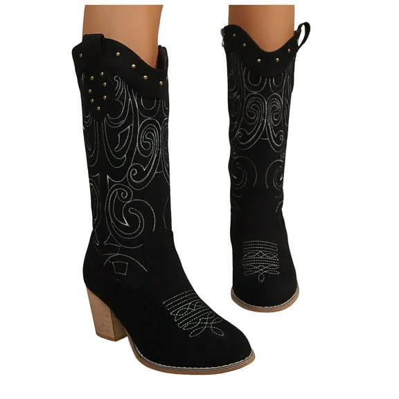 Mid Calf Cowboy Boots for Women Retro Suede Studded V Cutout Embroidered Chunky High Heel Western Cowgirl Boots Black Size 6