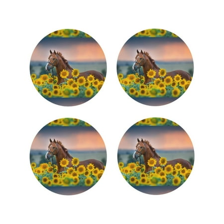 

Junzan Horse Sunflowers Print Coasters for Drinks - Leather Coasters Set of 4 for Coffee Table for Housewarming/Kitchen/Bar/Decor-Round Shape