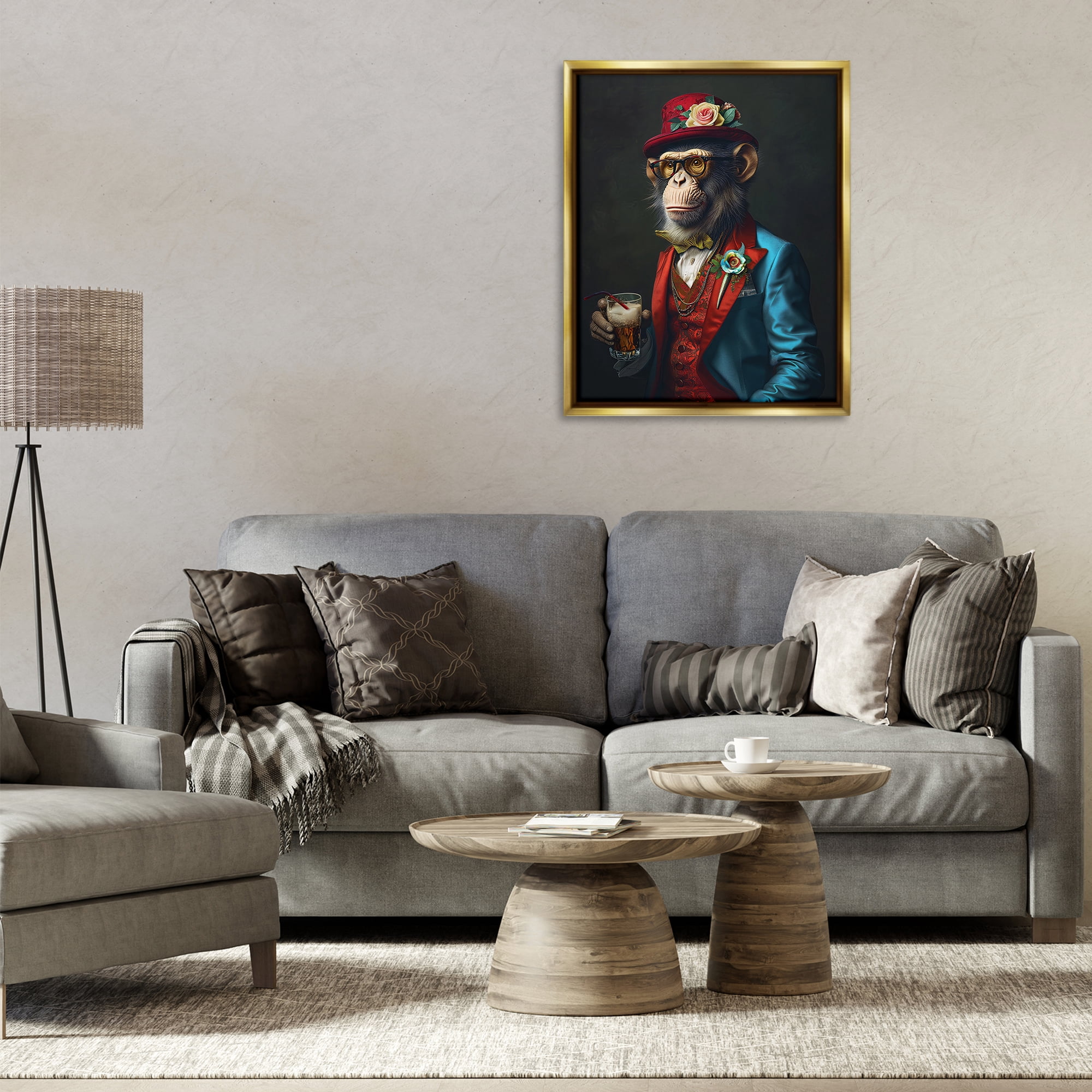 Stupell Industries Monkey with Fancy Outfit Animals & Insects Painting Gold Floater Framed Canvas Art Print Wall Art, 25 x 31