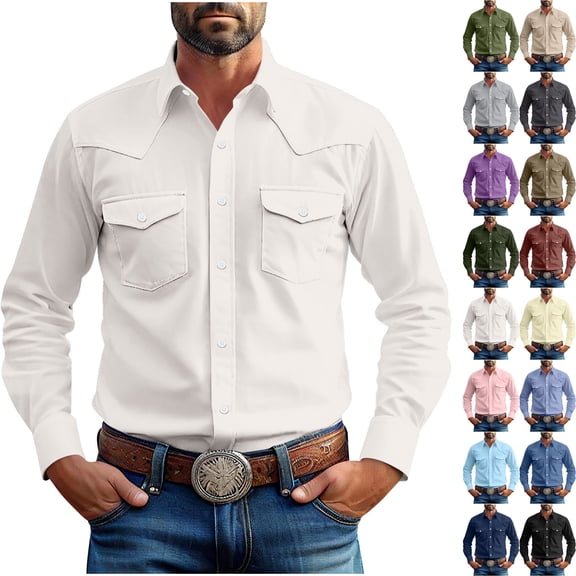 Danhjin S-5XL Western Shirts for Men Button Down Cotton Long Sleeve Collar Casual Solid Color Plus Size Tops Fashion Going out Working Comfy Soft Shirs with Chest Pockets