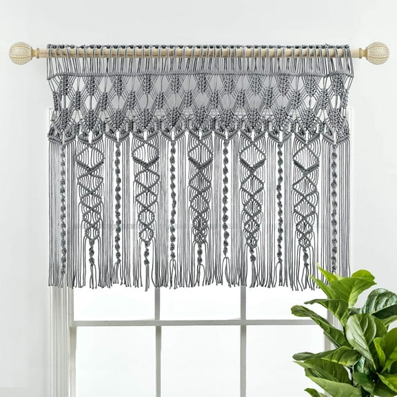 Macrame Textured Cotton Valance, 40" W x 30" L, Gray - Boho Kitchen Curtains & Wall Decor - Macrame Valance - Bathroom Window Curtains