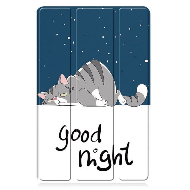 For Samsung Galaxy Tab A9 Plus Case 2023 PU Leather Protective Hard Back Funda for Galaxy Tab A 9 A9 Plus 8 11 Inch Tablet Cover. The case features a solid pattern with a playful design of a sleeping grey cat under a starry night sky and the text 'Good Night' on the front. Made of durable PU leather, it offers shockproof, drop resistance, and anti-dust protection. Designed for Samsung Galaxy Tab A9 Plus 11-inch tablets, it includes an auto sleep/wake function and precise cutouts for easy access to ports. Suitable for protecting your tablet in style.