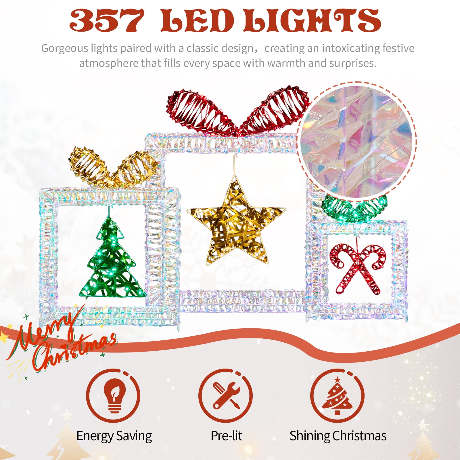 Astoutdoor Set of 3 Lighted Iridescent Cut-out Gift Box Christmas Decorations, Pre-lit Holiday Decor with 357 White LED Lights for Xmas Outdoor Indoor Decor Lighted Holiday Displays
